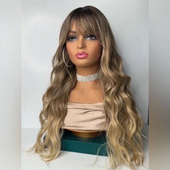 Other - 24 Inch Ombre Brown Rooted & Blonde highlights Wavy Hair with bangs Long Wig